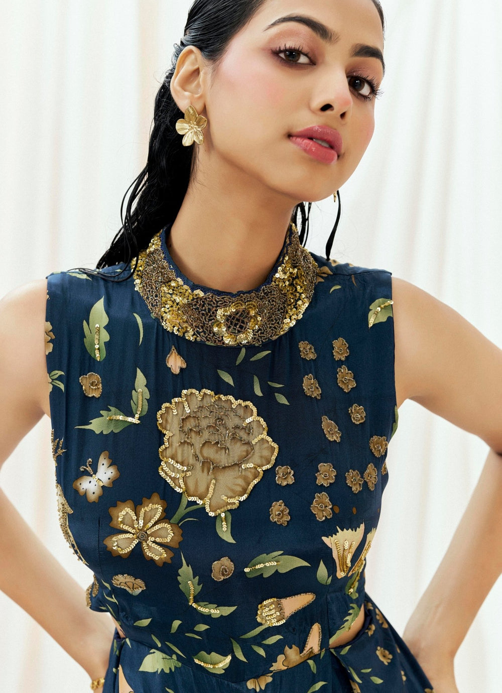 Navy Blue Printed Crepe Jumpsuit Redpine - Fabilicious Fashion