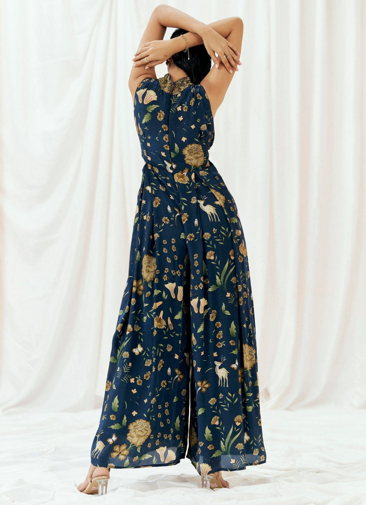 Navy Blue Printed Crepe Jumpsuit Redpine - Fabilicious Fashion