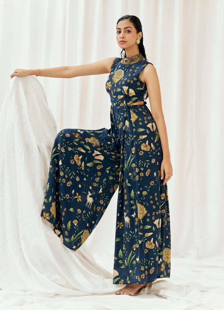 Navy Blue Printed Crepe Jumpsuit Redpine - Fabilicious Fashion