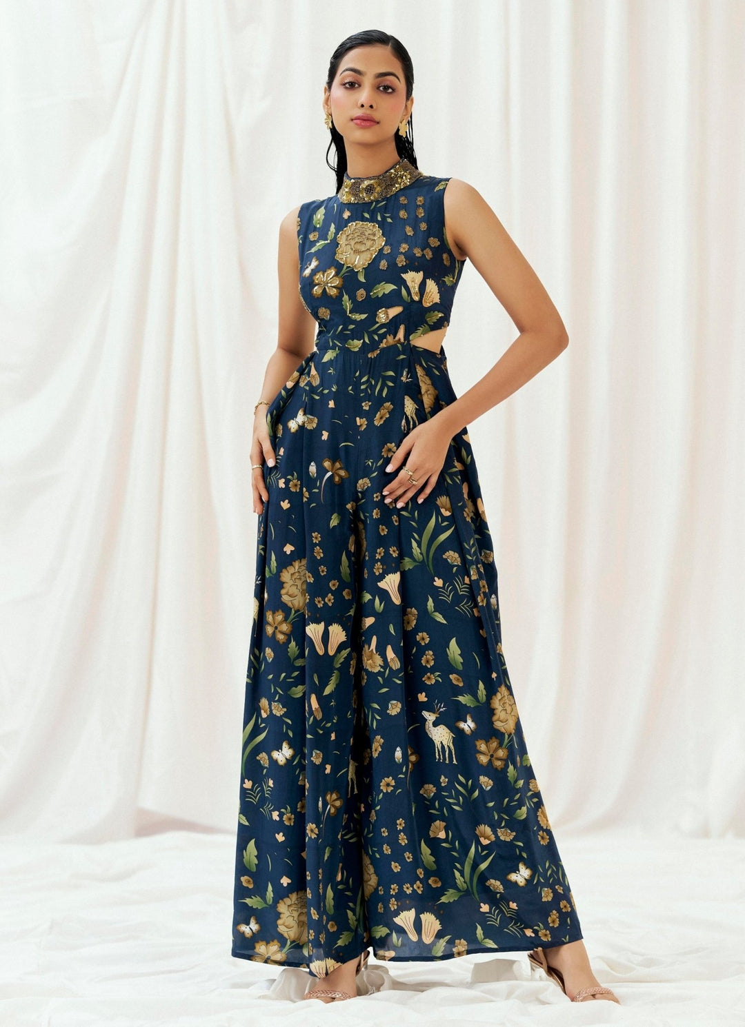 Navy Blue Printed Crepe Jumpsuit Redpine - Fabilicious Fashion