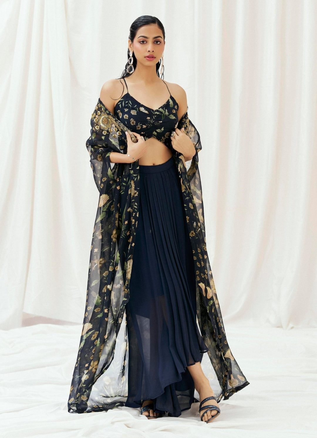 Navy Blue Printed Drape Skirt With Cape Redpine - Fabilicious Fashion