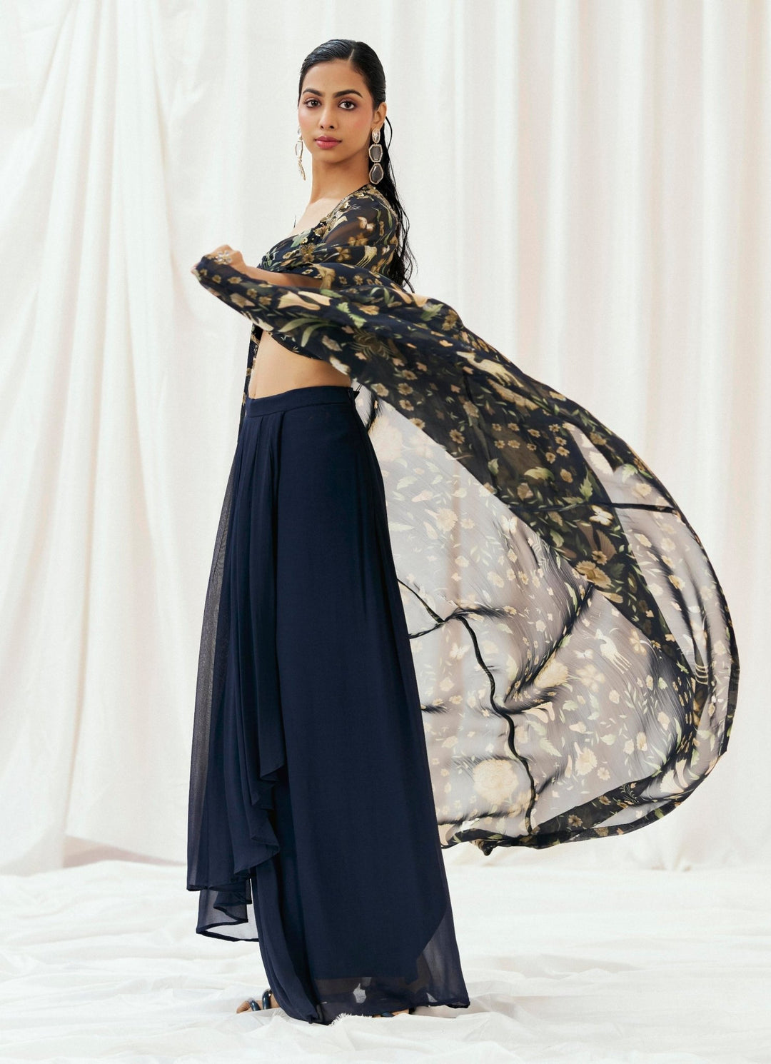 Navy Blue Printed Drape Skirt With Cape Redpine - Fabilicious Fashion