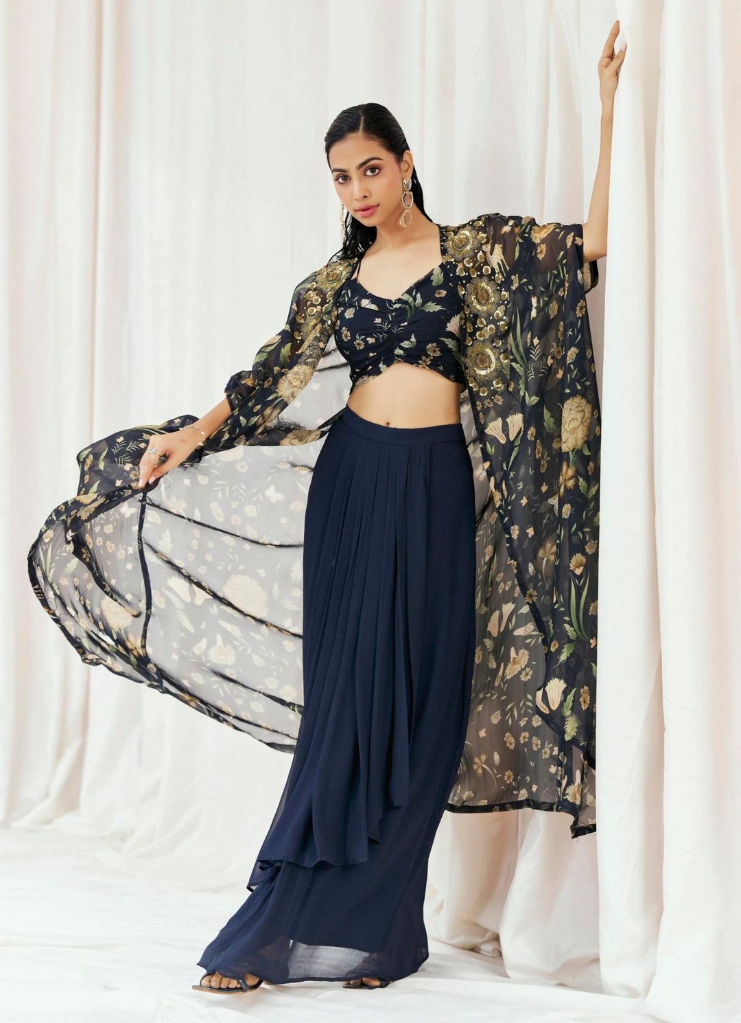 Navy Blue Printed Drape Skirt With Cape Redpine - Fabilicious Fashion