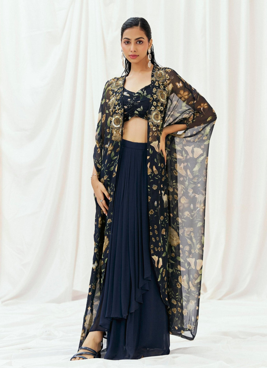 Navy Blue Printed Drape Skirt With Cape Redpine - Fabilicious Fashion