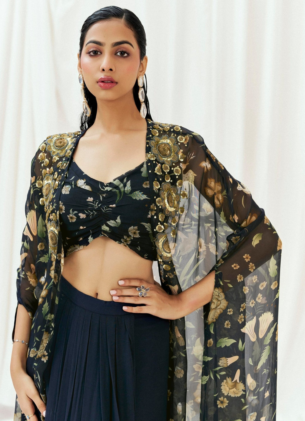 Navy Blue Printed Drape Skirt With Cape Redpine - Fabilicious Fashion