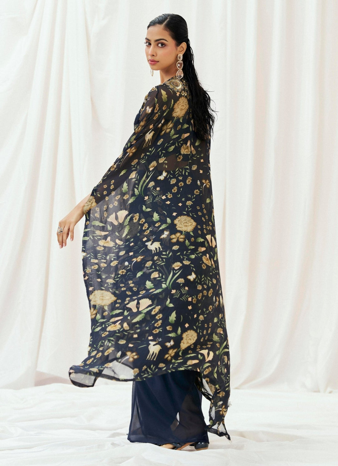 Navy Blue Printed Drape Skirt With Cape Redpine - Fabilicious Fashion
