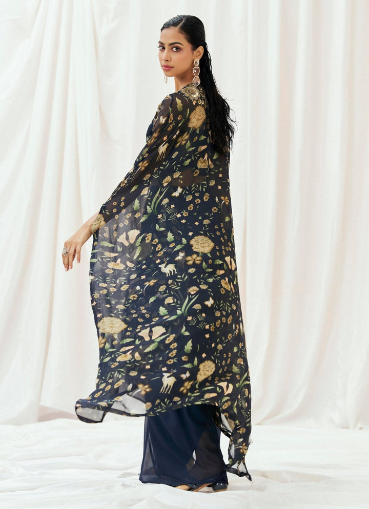 Navy Blue Printed Drape Skirt With Cape Redpine - Fabilicious Fashion