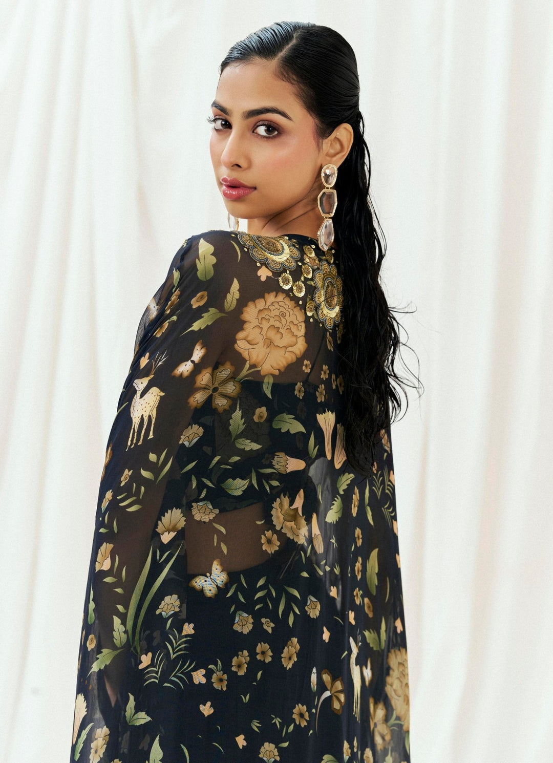 Navy Blue Printed Drape Skirt With Cape Redpine - Fabilicious Fashion