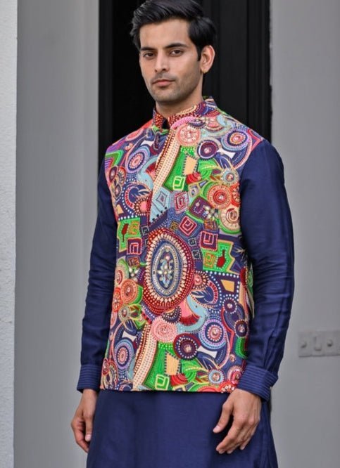 Navy Blue Printed Embroidered Silk Bundi Juhi Bengani - Men - Fabilicious Fashion