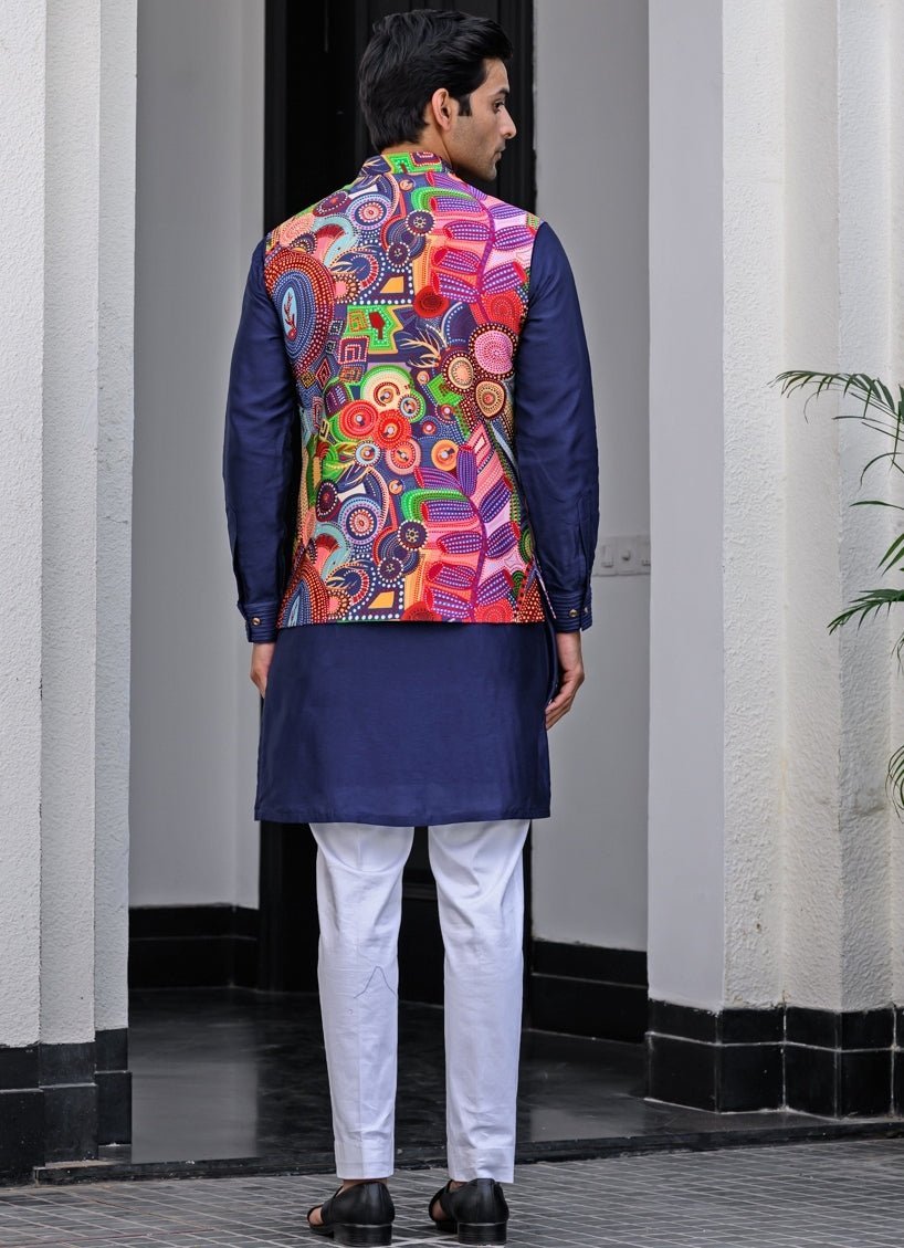 Navy Blue Printed Embroidered Silk Bundi Juhi Bengani - Men - Fabilicious Fashion
