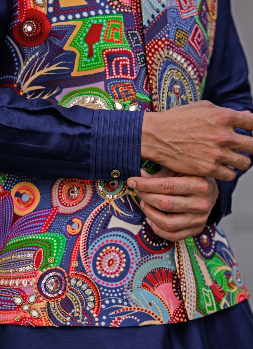 Navy Blue Printed Embroidered Silk Bundi Juhi Bengani - Men - Fabilicious Fashion