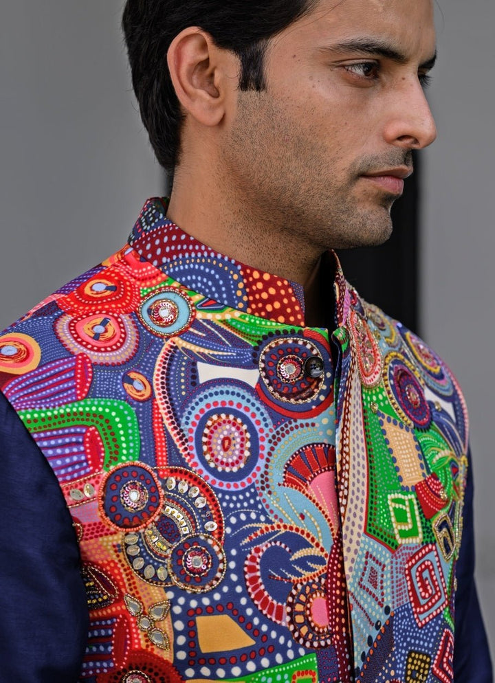 Navy Blue Printed Embroidered Silk Bundi Juhi Bengani - Men - Fabilicious Fashion