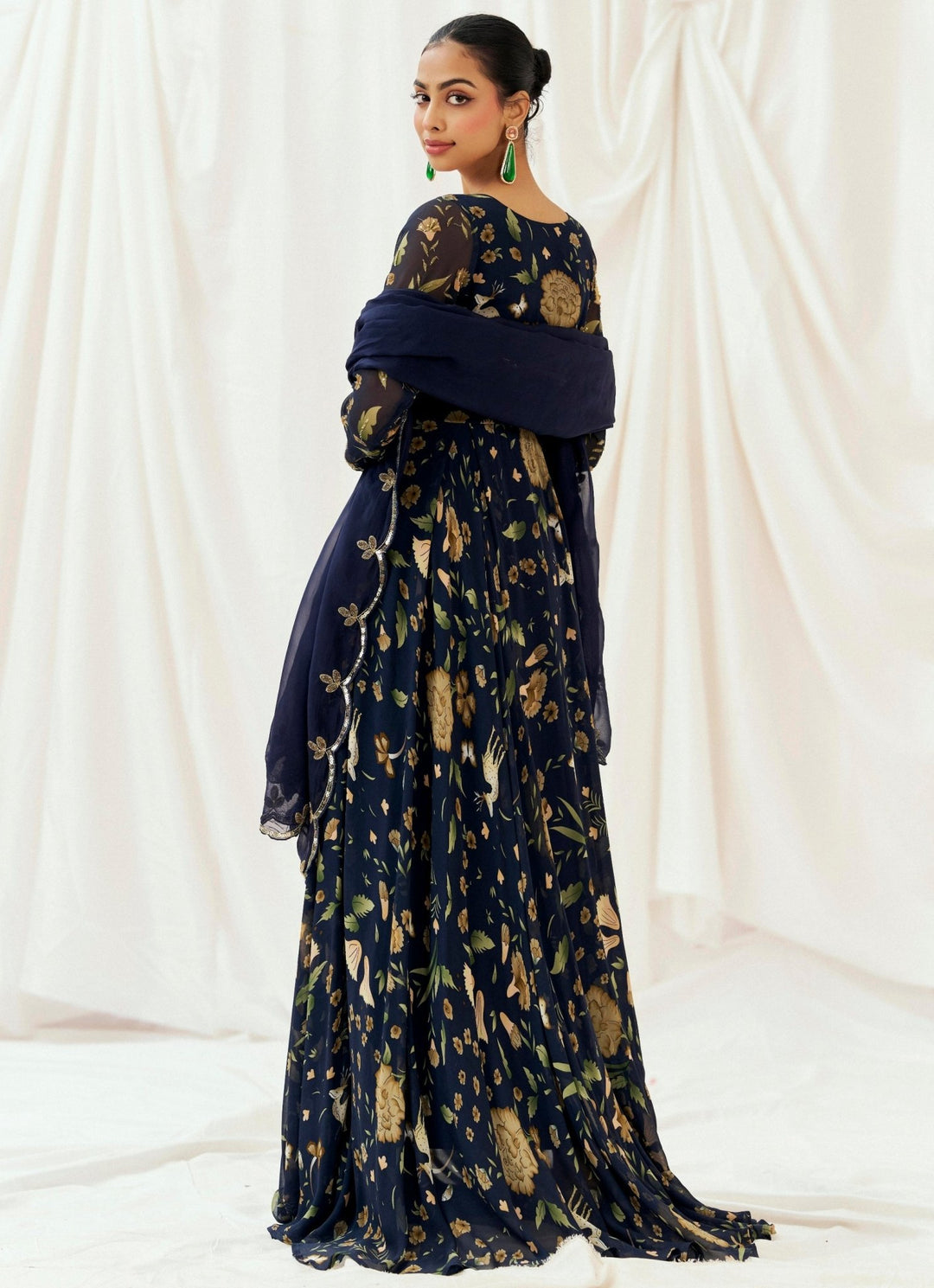 Navy Blue Printed Georgette Anarkali Set Redpine - Fabilicious Fashion