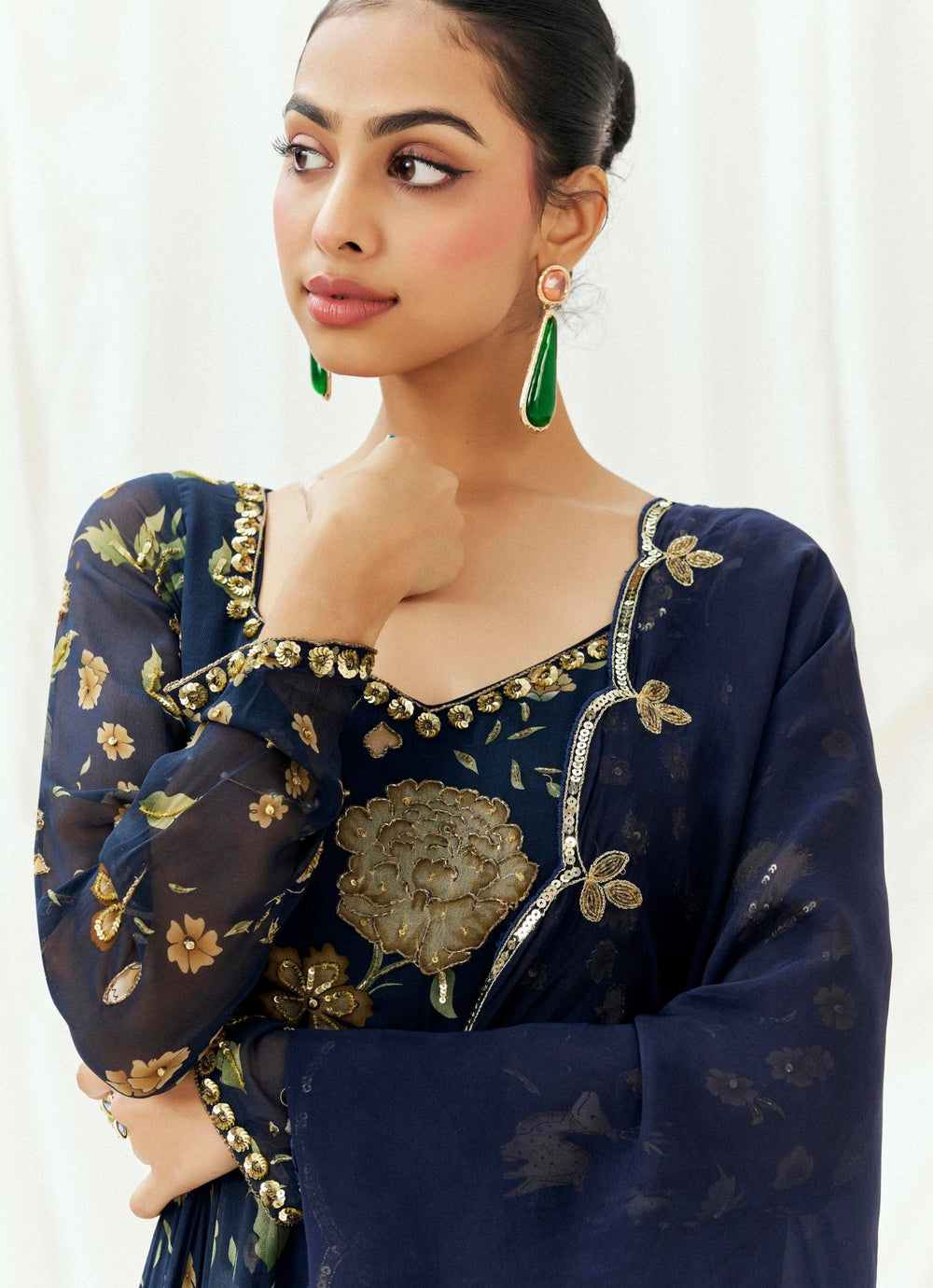Navy Blue Printed Georgette Anarkali Set Redpine - Fabilicious Fashion