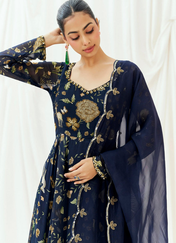 Navy Blue Printed Georgette Anarkali Set Redpine - Fabilicious Fashion