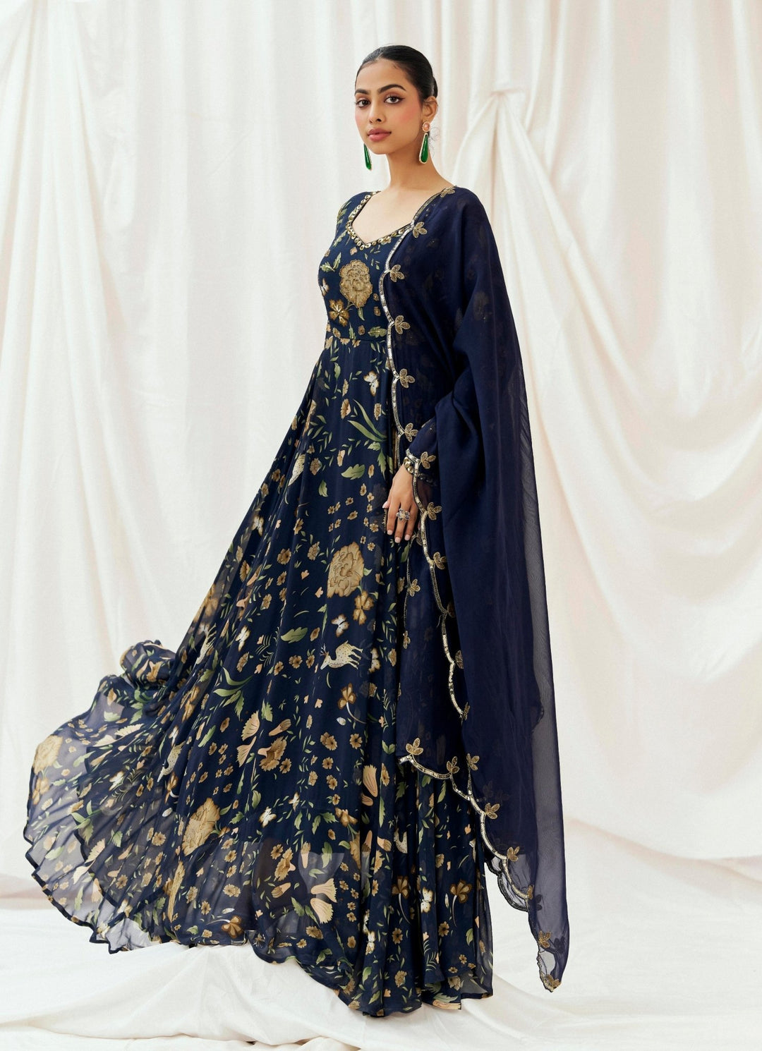 Navy Blue Printed Georgette Anarkali Set Redpine - Fabilicious Fashion