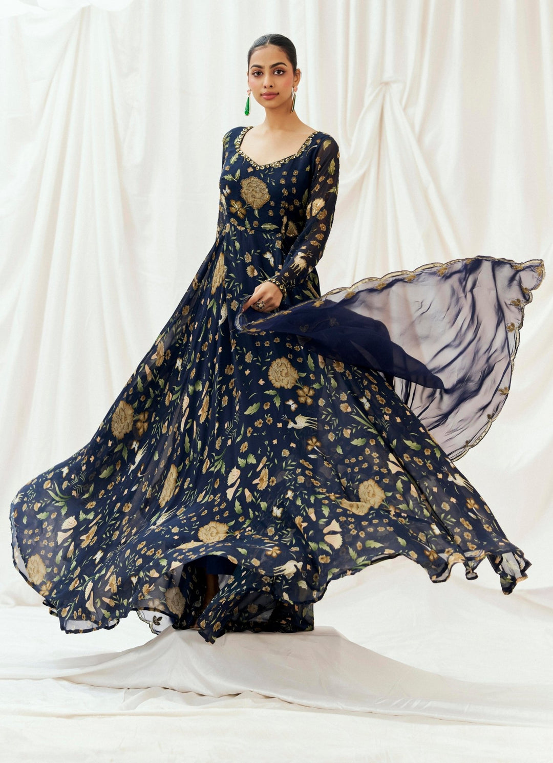Navy Blue Printed Georgette Anarkali Set Redpine - Fabilicious Fashion