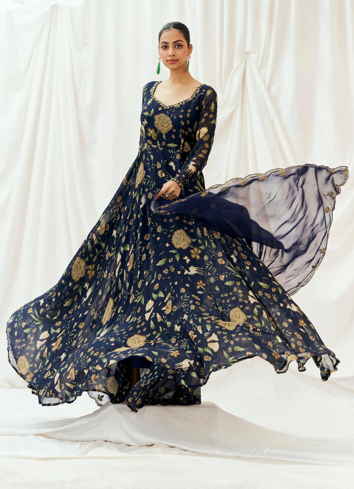Navy Blue Printed Georgette Anarkali Set Redpine - Fabilicious Fashion