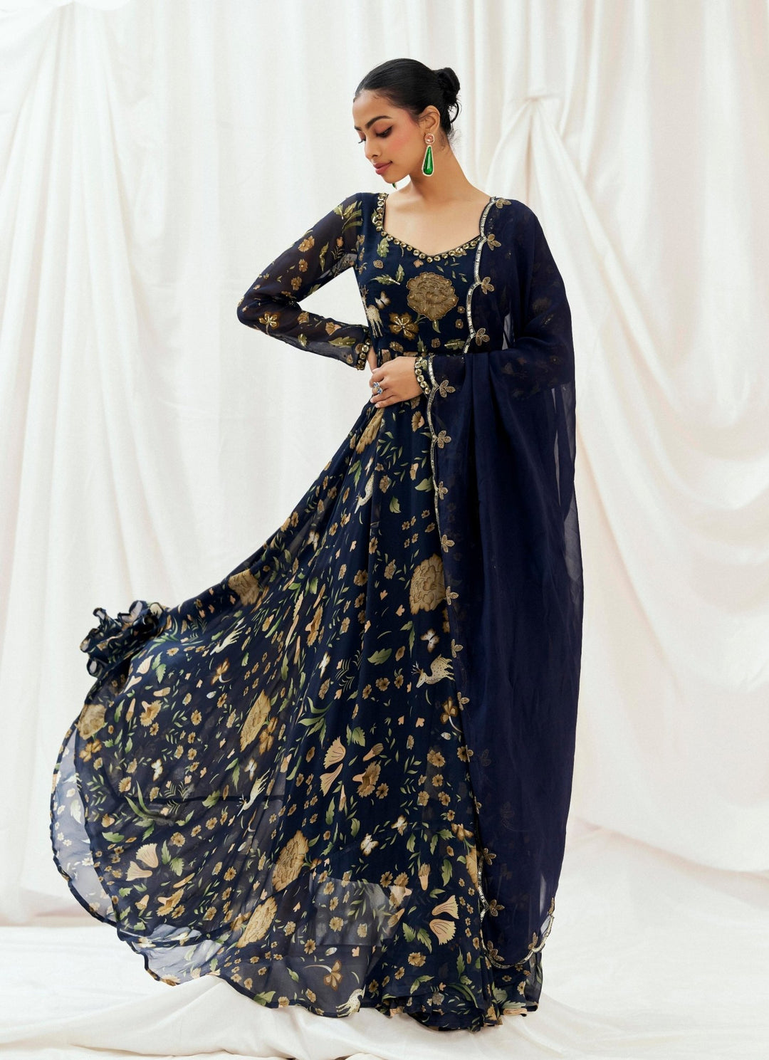 Navy Blue Printed Georgette Anarkali Set Redpine - Fabilicious Fashion