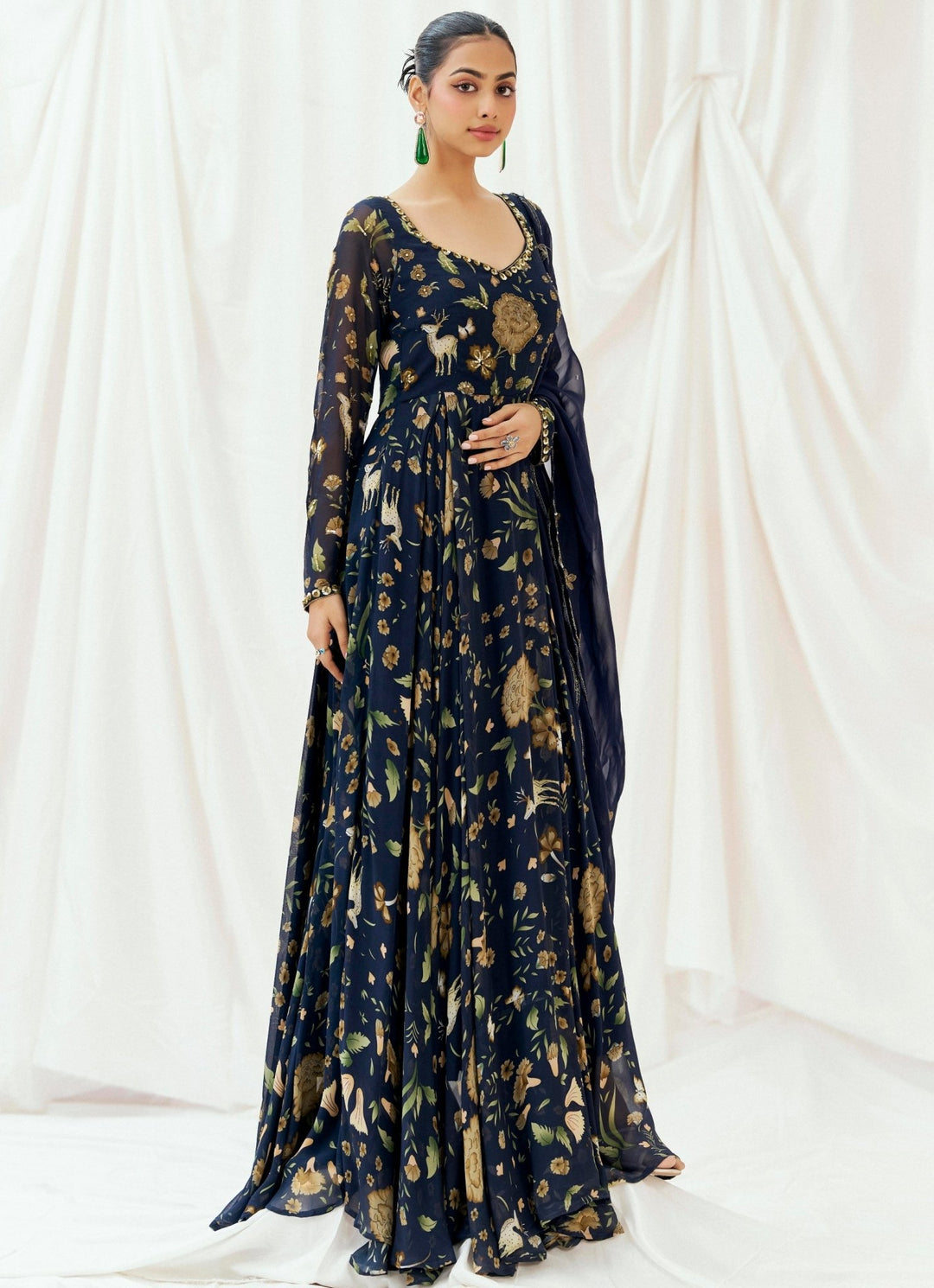Navy Blue Printed Georgette Anarkali Set Redpine - Fabilicious Fashion