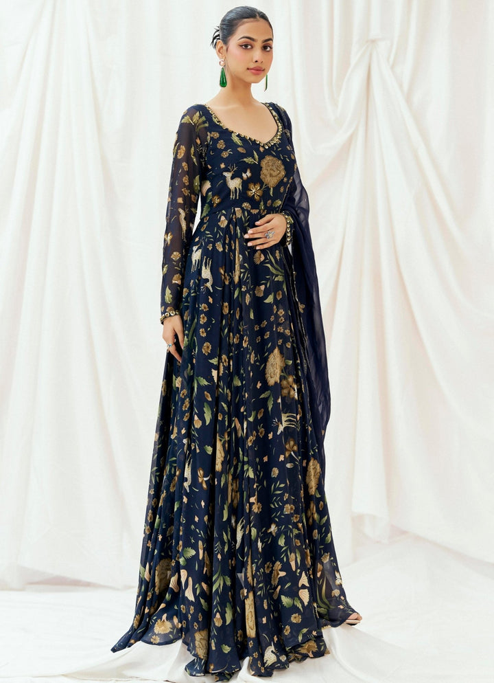Navy Blue Printed Georgette Anarkali Set Redpine - Fabilicious Fashion