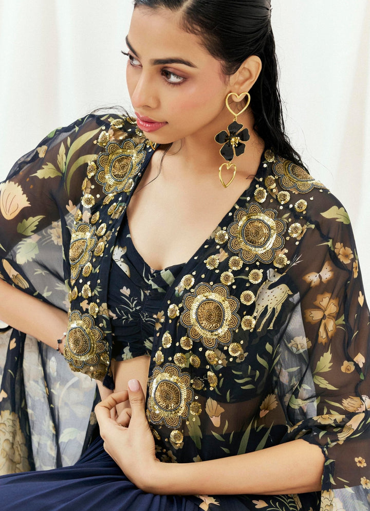 Navy Blue Printed Georgette Lehenga Set With Cape Redpine - Fabilicious Fashion