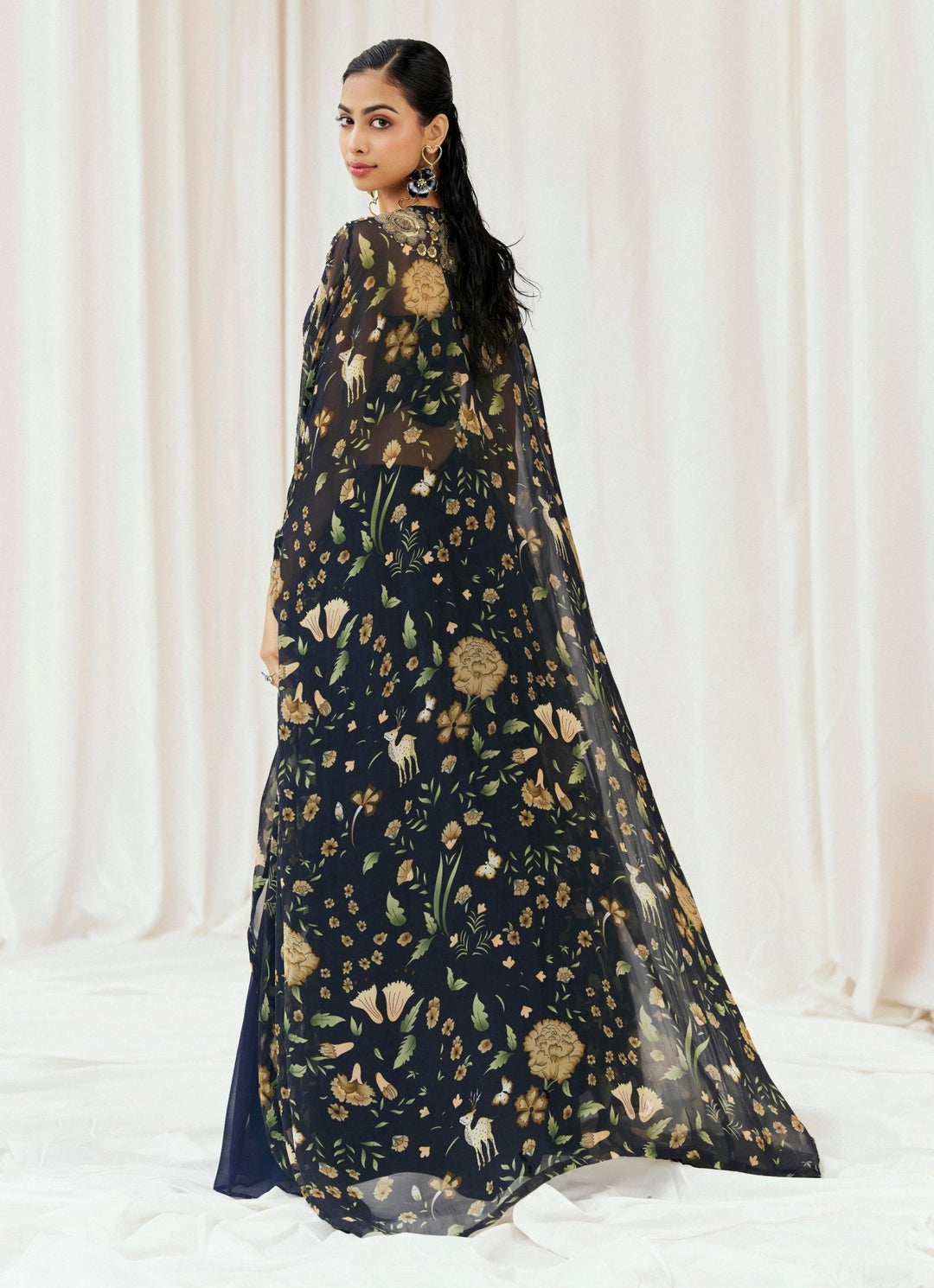 Navy Blue Printed Georgette Lehenga Set With Cape Redpine - Fabilicious Fashion
