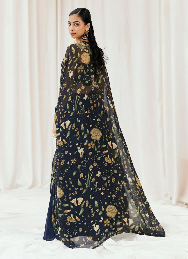 Navy Blue Printed Georgette Lehenga Set With Cape Redpine - Fabilicious Fashion