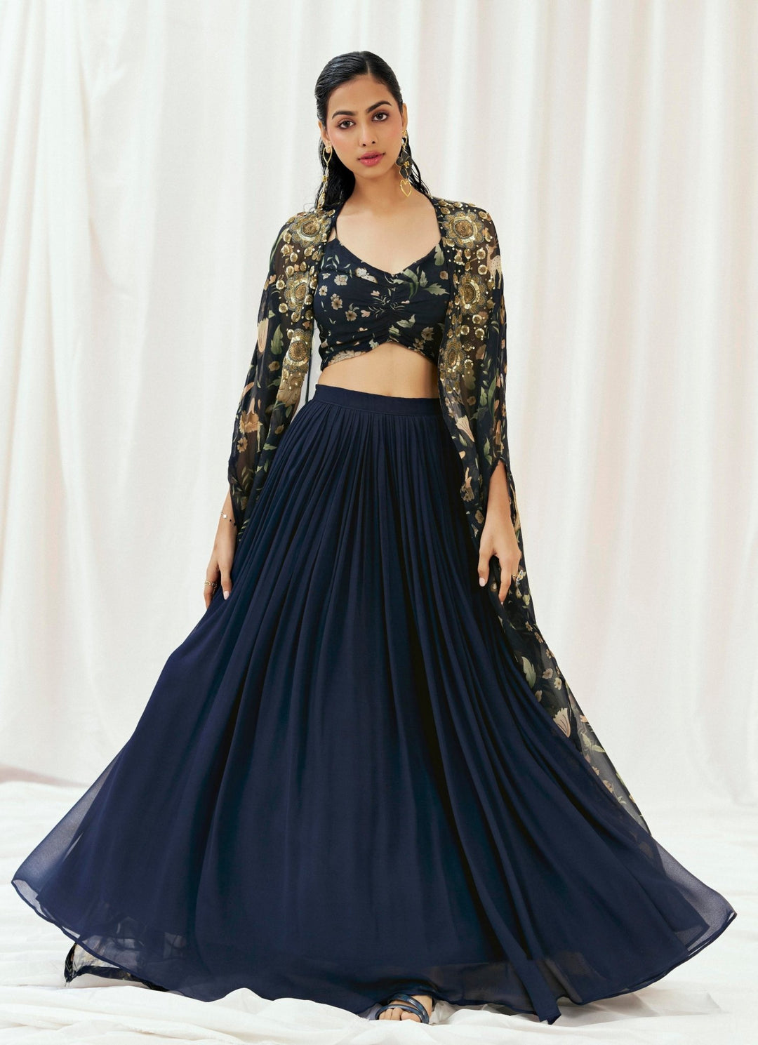 Navy Blue Printed Georgette Lehenga Set With Cape Redpine - Fabilicious Fashion