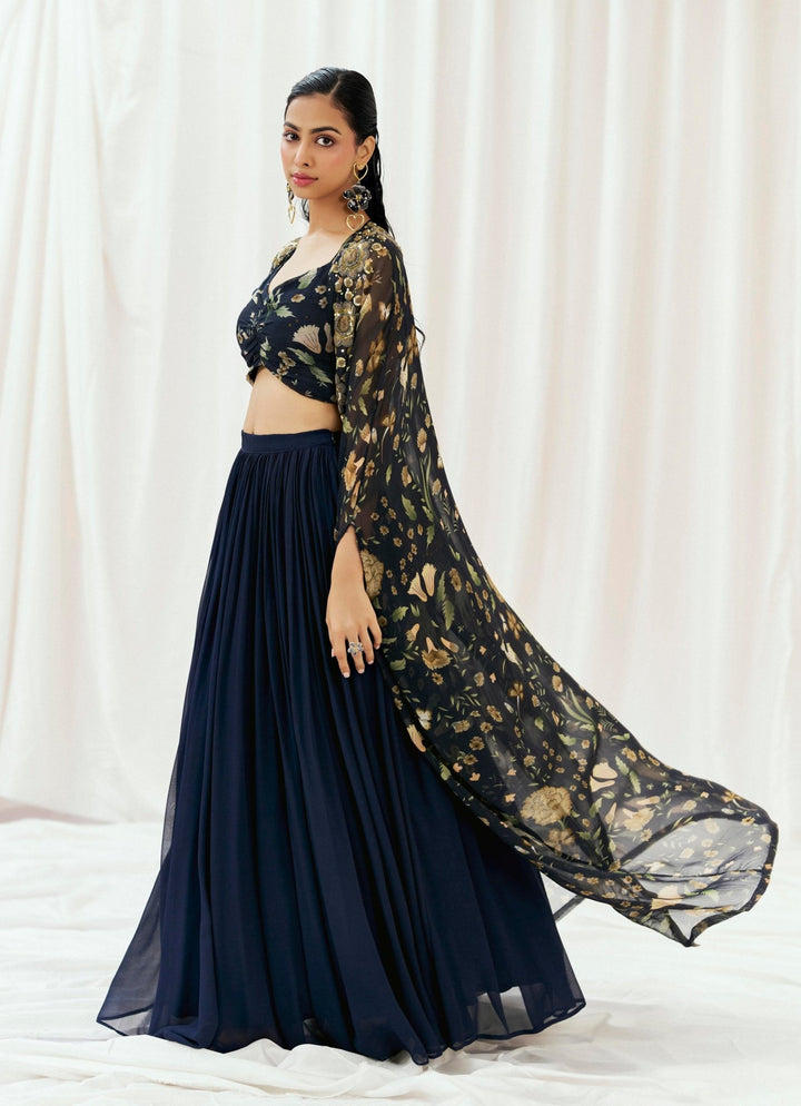 Navy Blue Printed Georgette Lehenga Set With Cape Redpine - Fabilicious Fashion