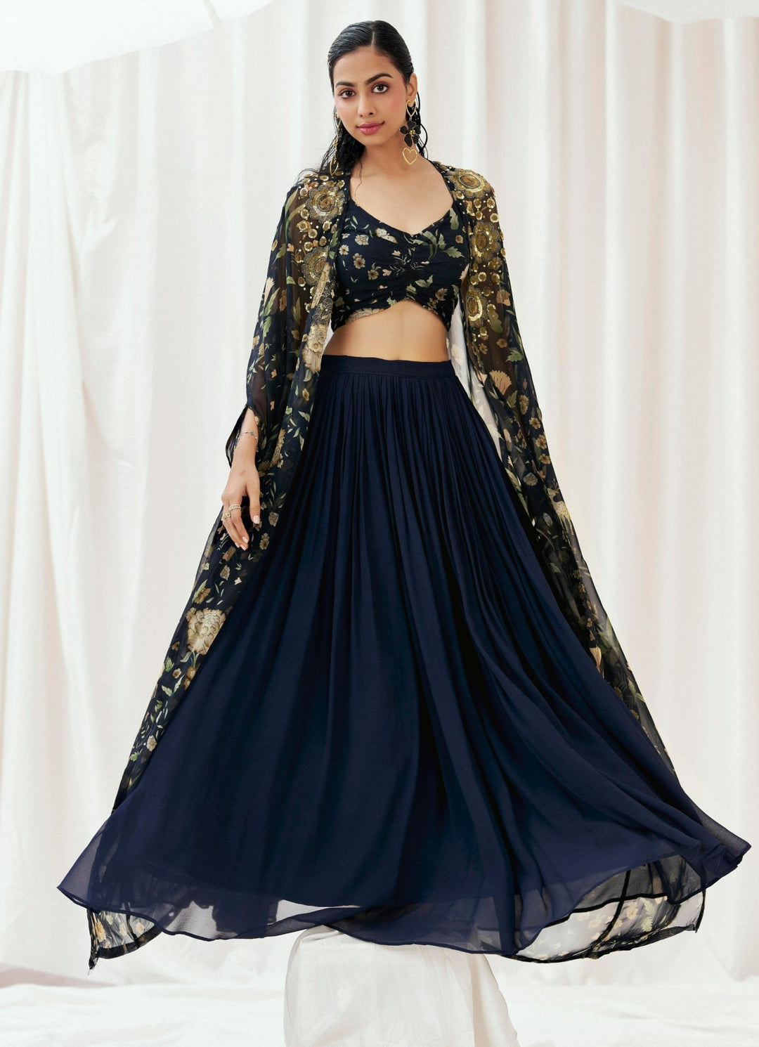 Navy Blue Printed Georgette Lehenga Set With Cape Redpine - Fabilicious Fashion