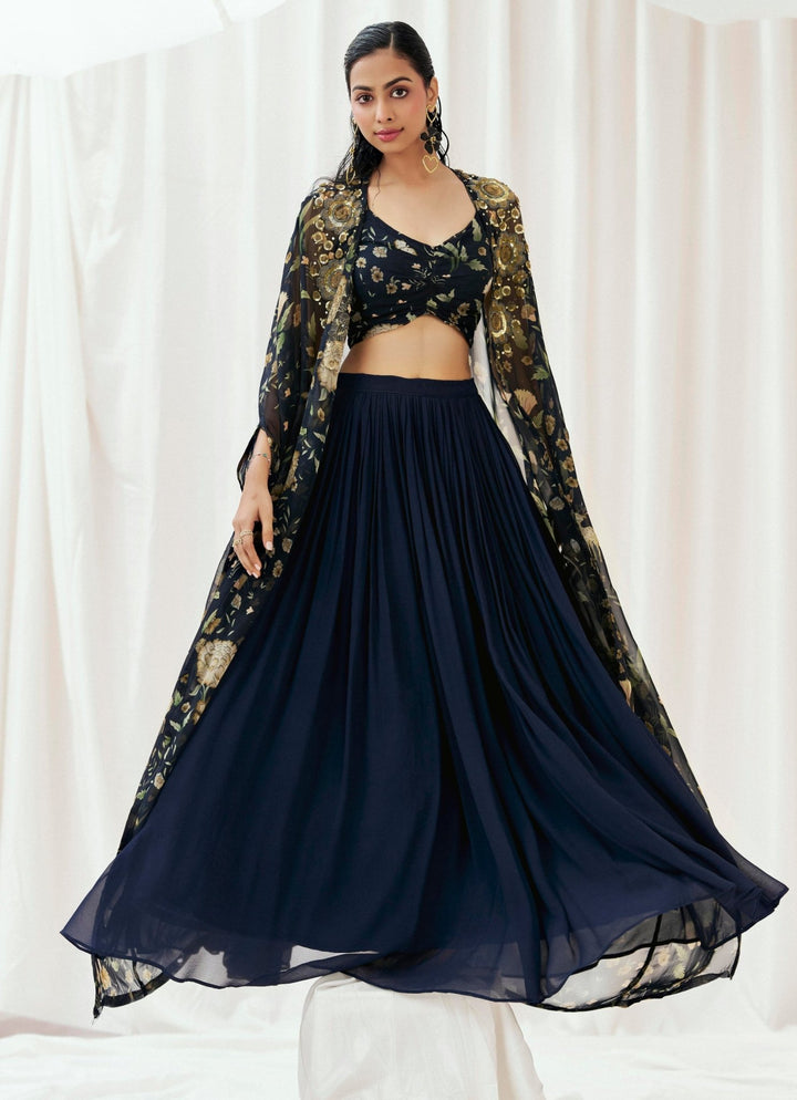 Navy Blue Printed Georgette Lehenga Set With Cape Redpine - Fabilicious Fashion