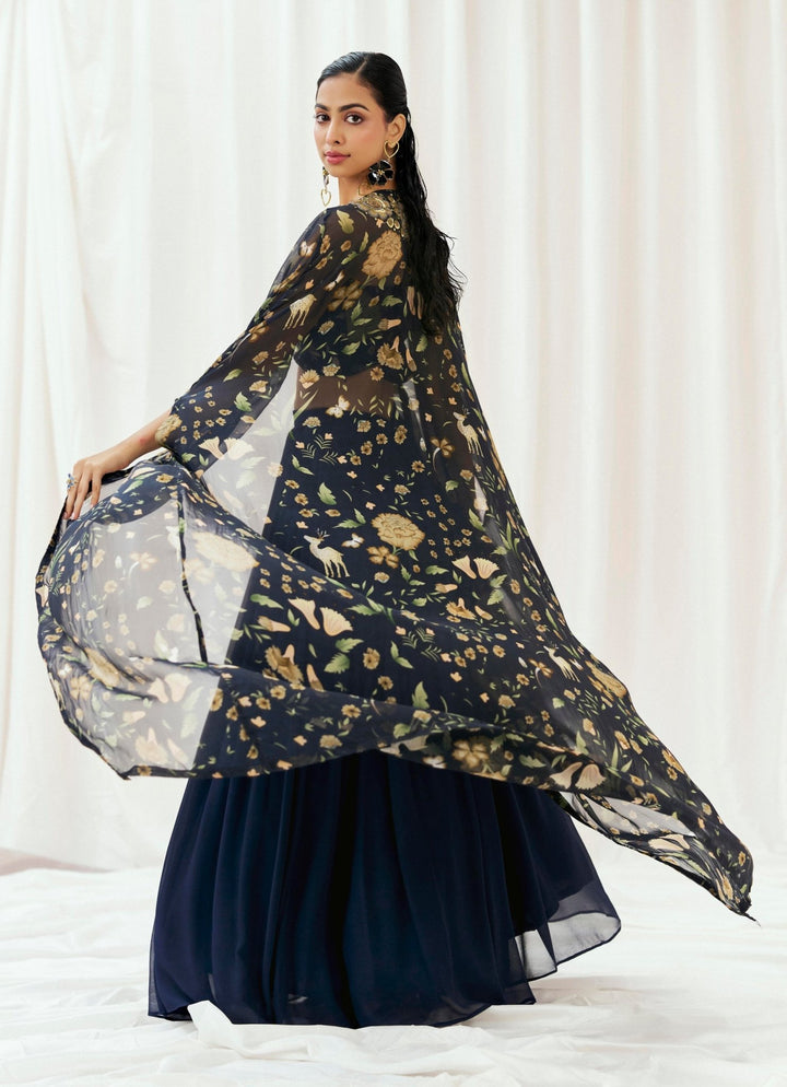 Navy Blue Printed Georgette Lehenga Set With Cape Redpine - Fabilicious Fashion