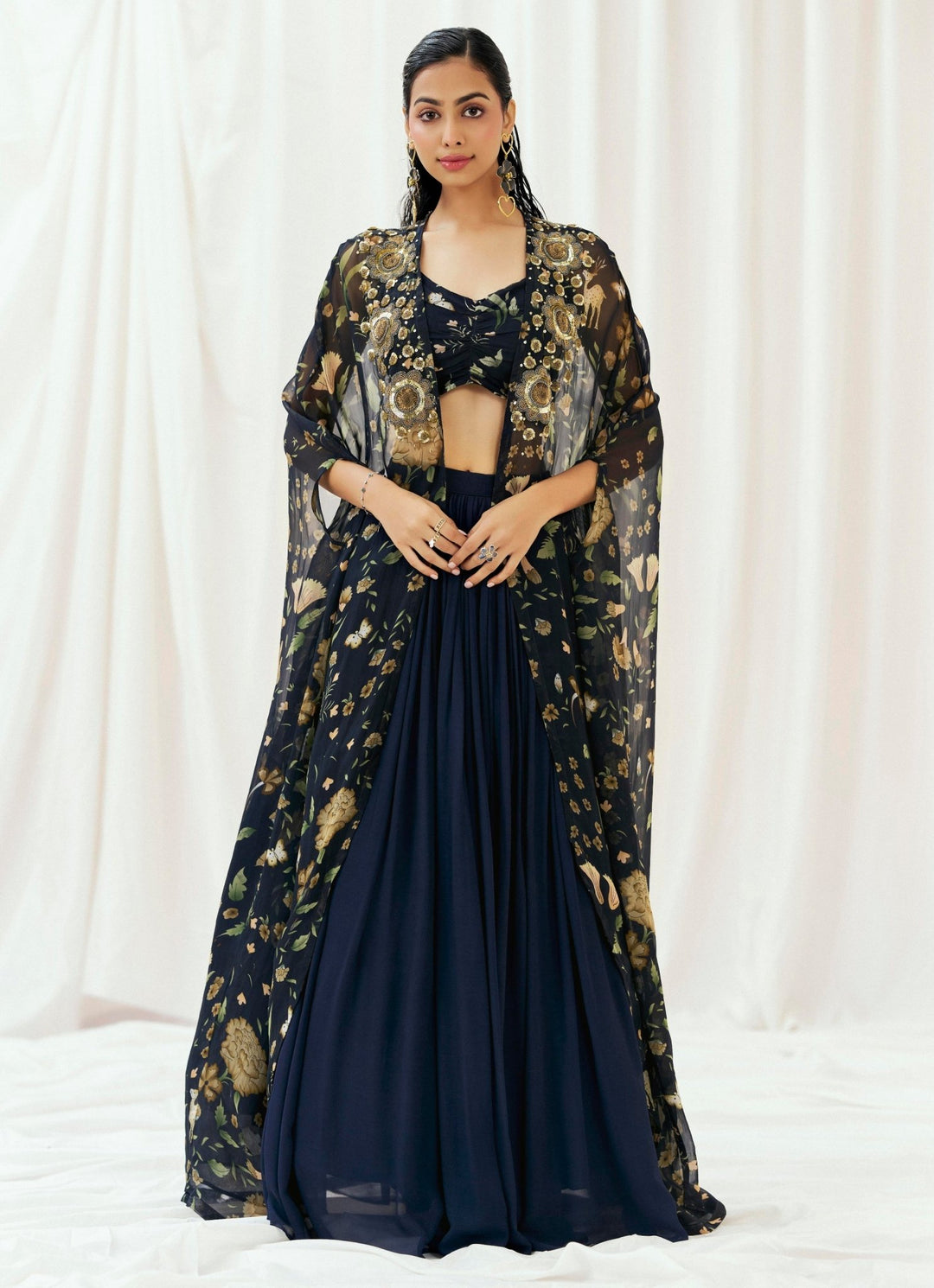 Navy Blue Printed Georgette Lehenga Set With Cape Redpine - Fabilicious Fashion