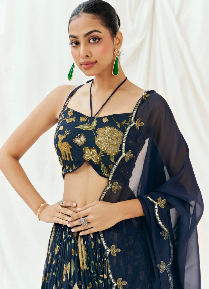 Navy Blue Printed Georgette Lehenga Set Redpine - Fabilicious Fashion