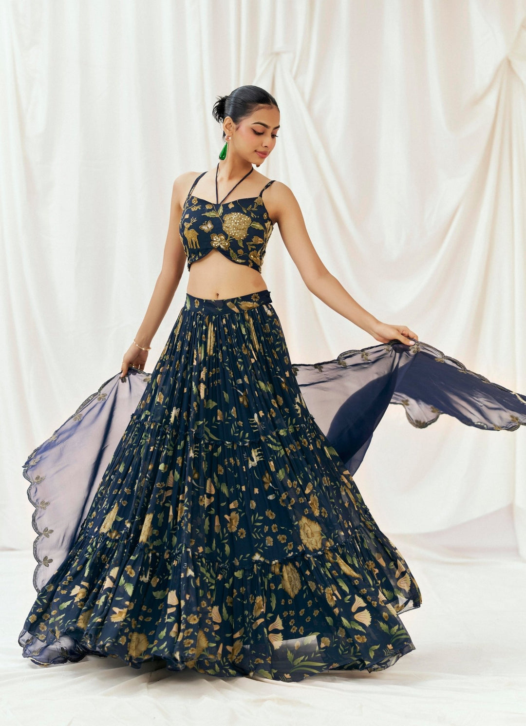 Navy Blue Printed Georgette Lehenga Set Redpine - Fabilicious Fashion