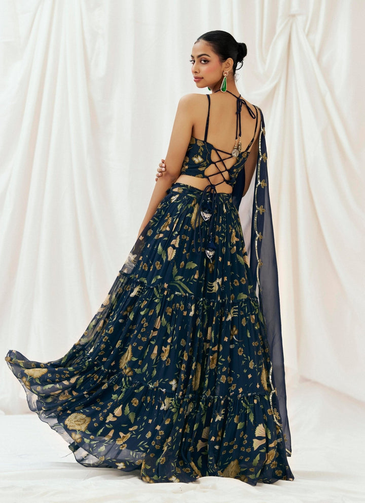 Navy Blue Printed Georgette Lehenga Set Redpine - Fabilicious Fashion