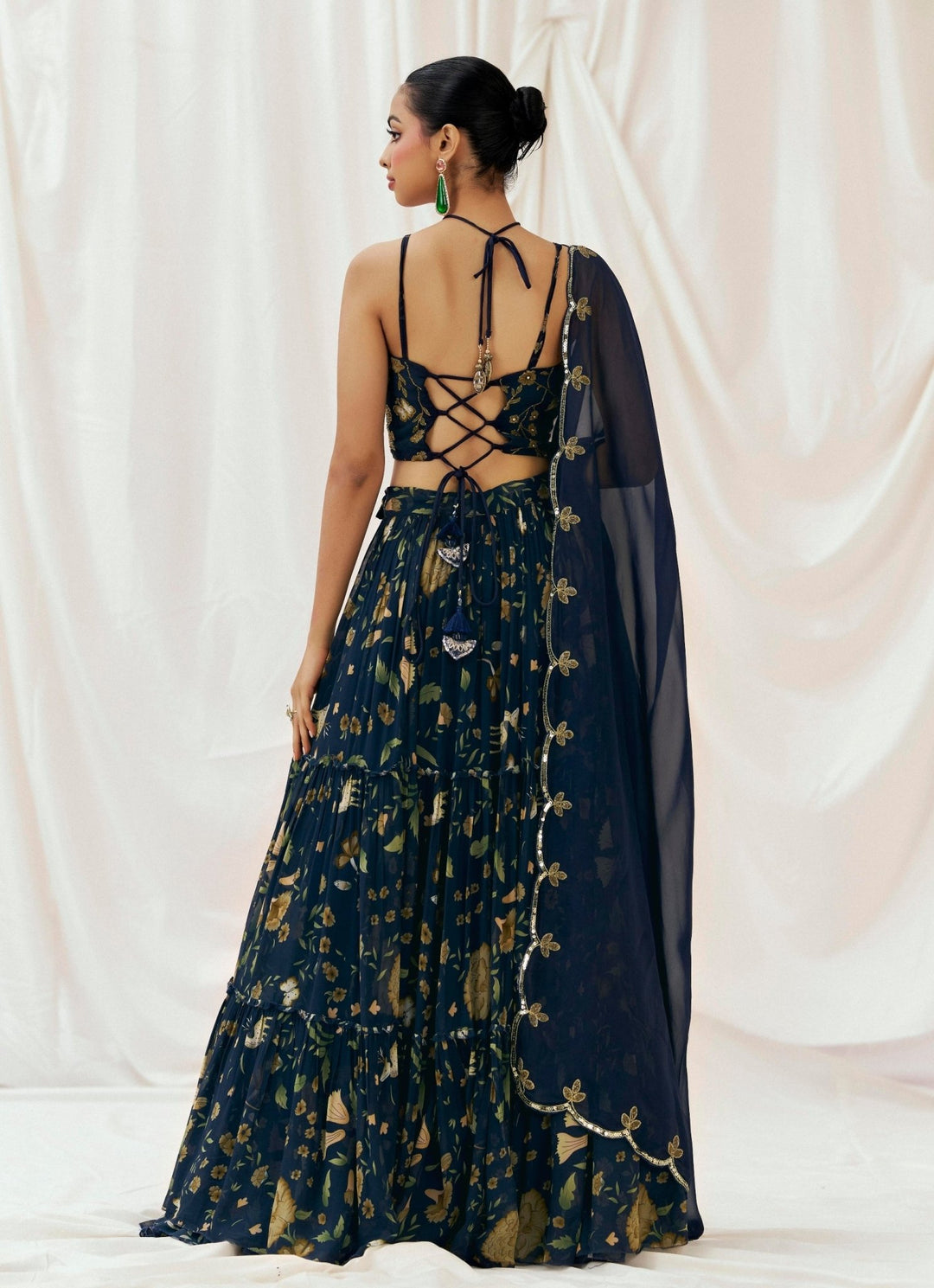 Navy Blue Printed Georgette Lehenga Set Redpine - Fabilicious Fashion