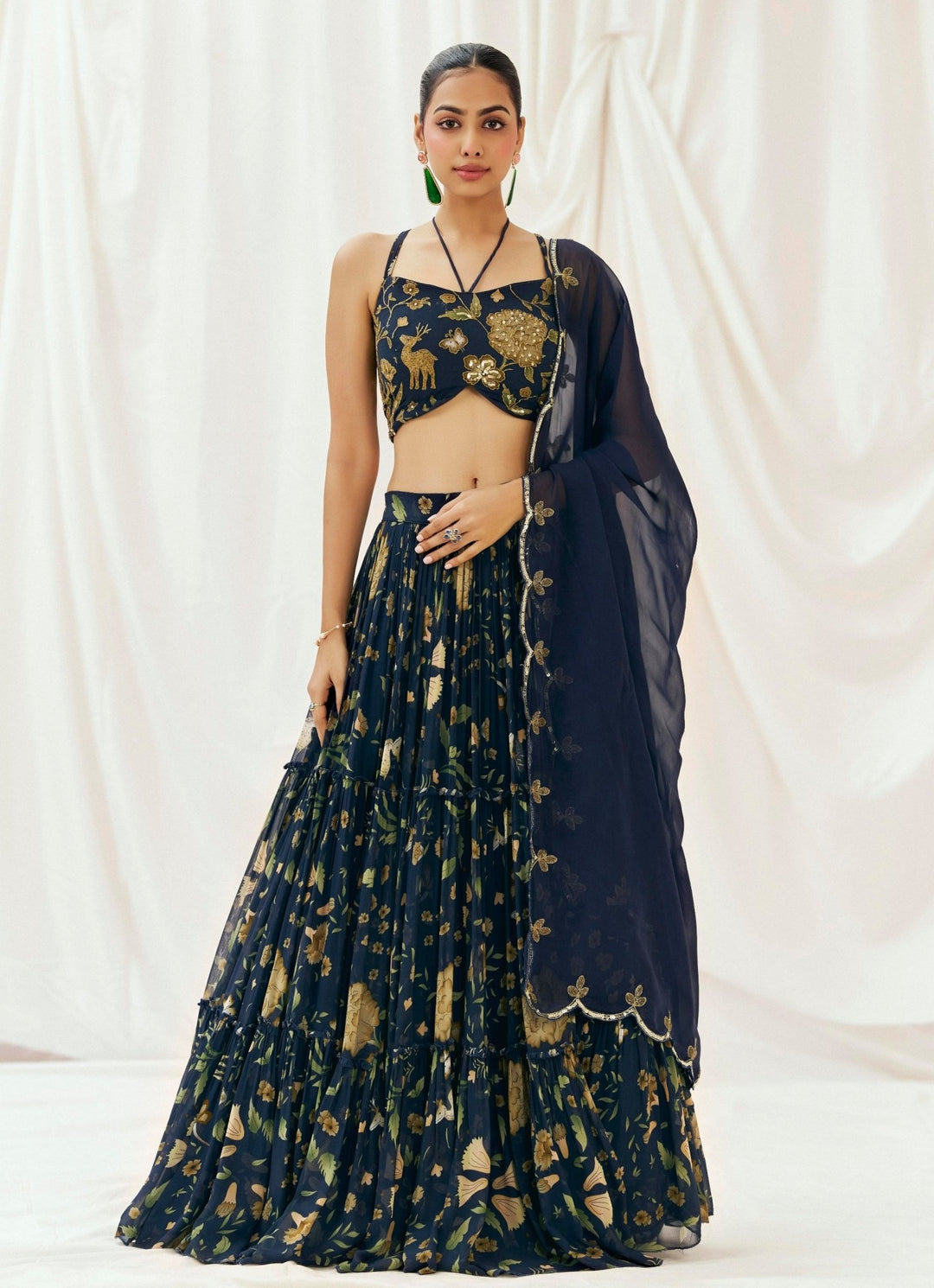 Navy Blue Printed Georgette Lehenga Set Redpine - Fabilicious Fashion