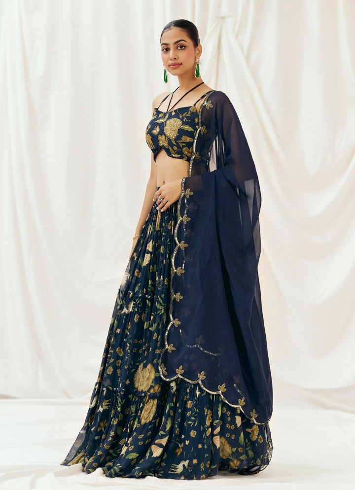 Navy Blue Printed Georgette Lehenga Set Redpine - Fabilicious Fashion