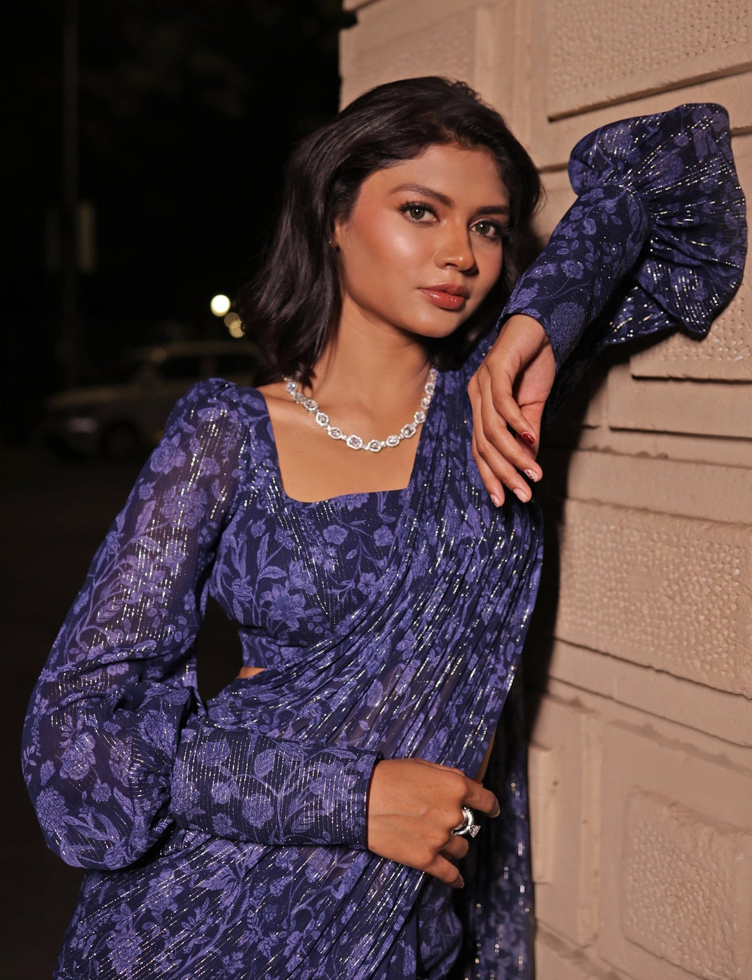 Navy Blue Printed Georgette Pre - Draped Saree Kiyohra - Fabilicious Fashion