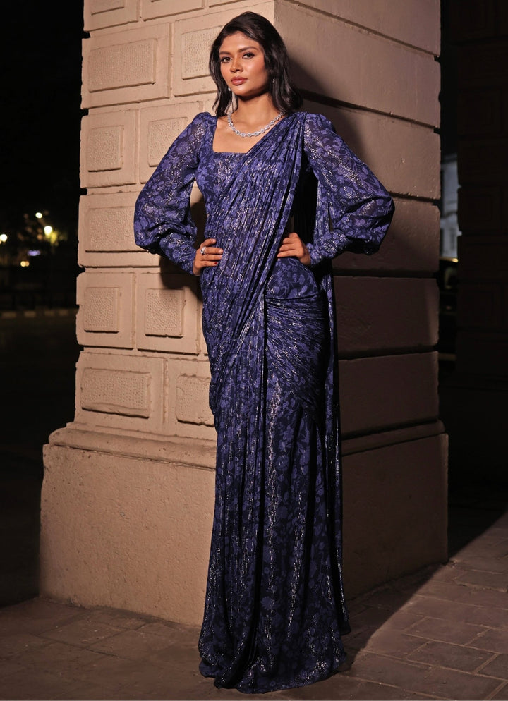 Navy Blue Printed Georgette Pre - Draped Saree Kiyohra - Fabilicious Fashion