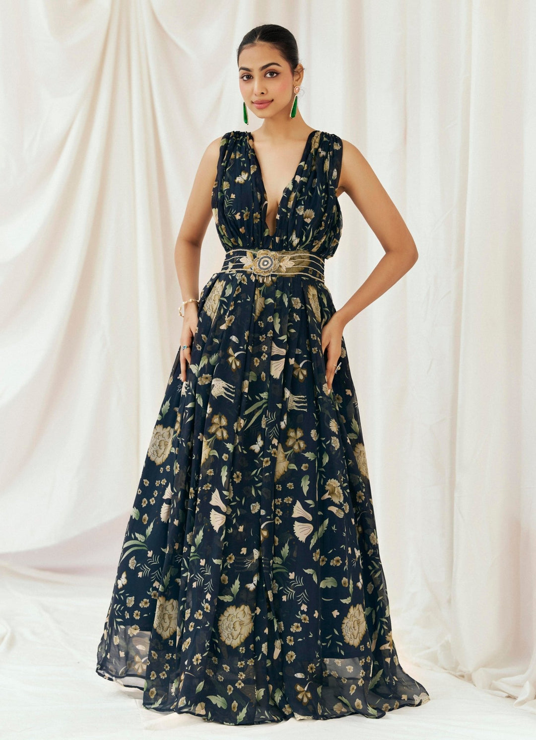 Navy Blue Printed Organza Gown Redpine - Fabilicious Fashion