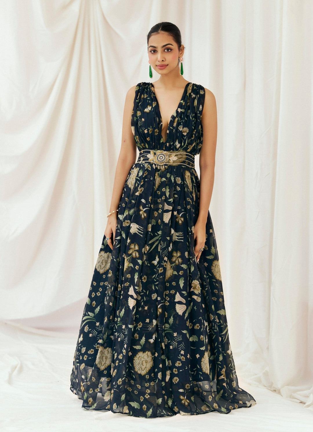 Navy Blue Printed Organza Gown Redpine - Fabilicious Fashion