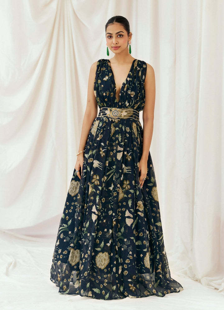 Navy Blue Printed Organza Gown Redpine - Fabilicious Fashion