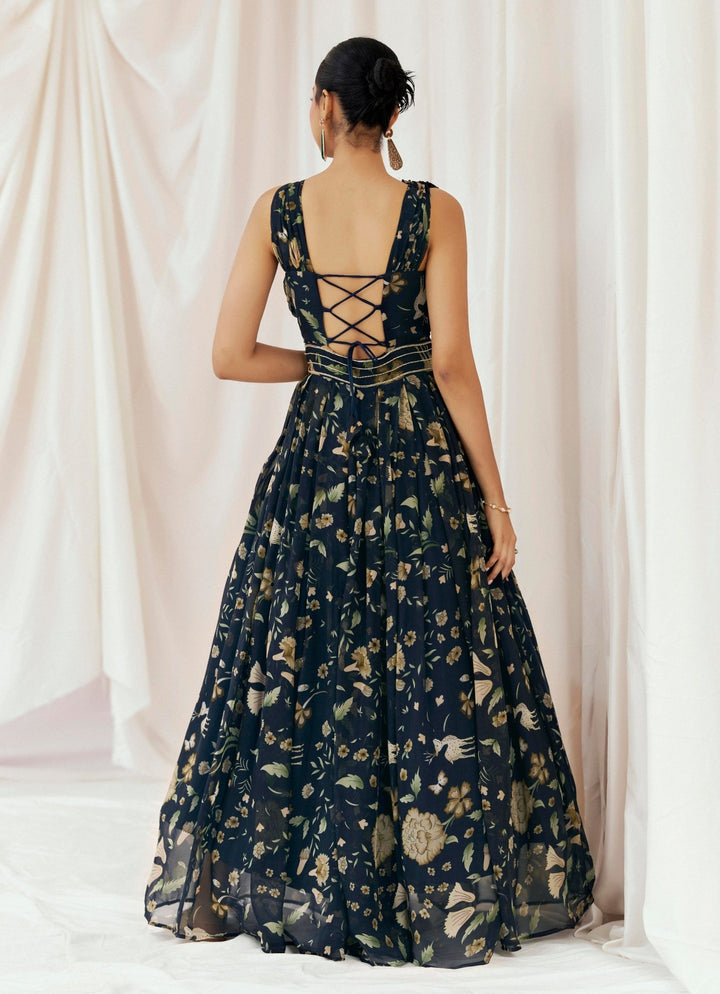 Navy Blue Printed Organza Gown Redpine - Fabilicious Fashion