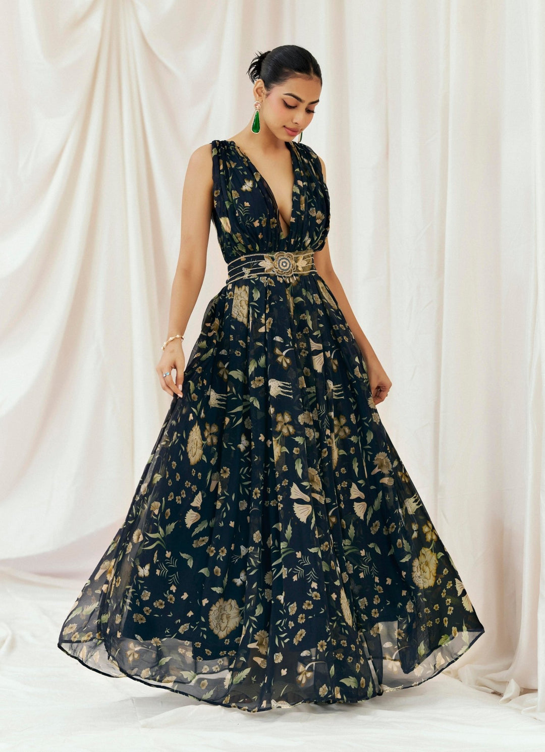 Navy Blue Printed Organza Gown Redpine - Fabilicious Fashion