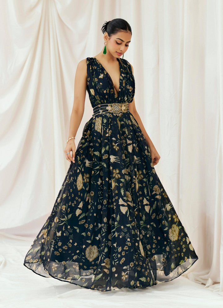 Navy Blue Printed Organza Gown Redpine - Fabilicious Fashion