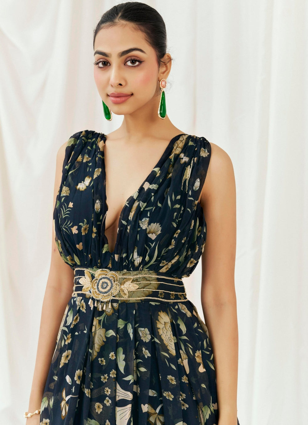 Navy Blue Printed Organza Gown Redpine - Fabilicious Fashion