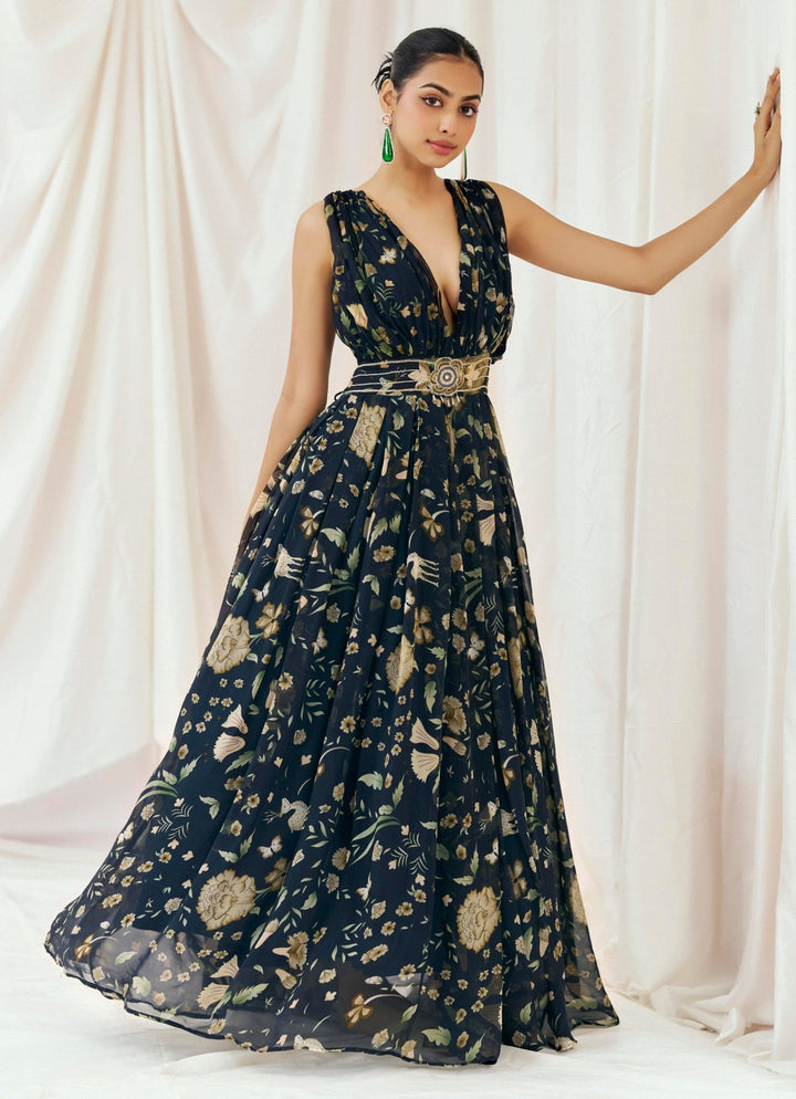 Navy Blue Printed Organza Gown Redpine - Fabilicious Fashion